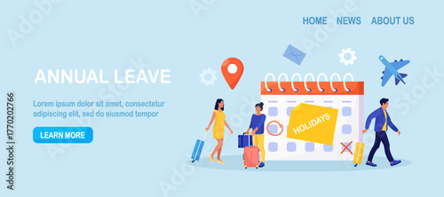 Big calendar with holidays note. Take day off to rest and relax from hard work. People with suitcases prepare for flight  Vacation planning, HR leave policy. Schedule reminder of annual leave