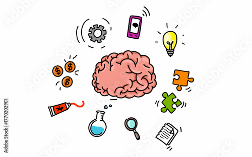 Mind mapping for thinking of various ways. Bulb, paper, paint, puzzle, chemical, sains