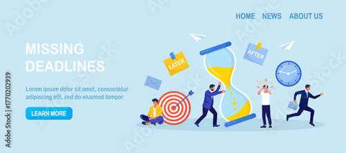 Procrastination and deadlines visualized. People struggle around giant hourglass beside calendar and reminders. Great for time management materials, productivity training and scheduling messages