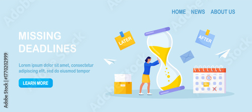 Procrastination and deadlines visualized. Woman pushes giant hourglass beside calendar and reminders. Time management. Businessman planning schedule. Business productivity
