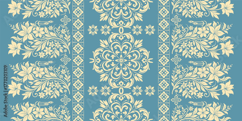 floral pattern vintage ethnic modern embroidery texture boho design vector illustration hand drawn pink flower motif branches leaves wallpaper seamless background border.	