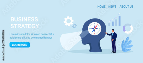 Businessman using compass for navigation and orientation in business. Person finding investment opportunity. Leadership. Make decision for business direction. Planning future goals. Career vision