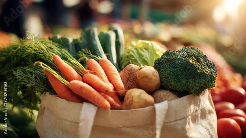 Colorful vegetables fill a woven bag at an open-air market as the sun sets on a vibrant day