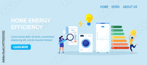 Characters using energy efficient devices, paying less and saving money. Save energy,  power with effective household electrical machines. Green environment. Smart eco house