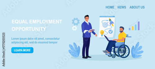 Healthy and disabled colleagues work together on plan development. Business inclusive meeting of  people with disability. Characters discuss project. Employees meeting, communicate, disputing