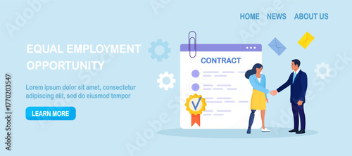 Disabled woman with leg prosthesis shaking hands with colleague. Businessman handshake with employee with disability. Employment contract agreement, corporate partnership document with signature