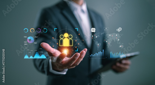 Tableau sur toile Businessman using AI and data analytics for CRM and customer segmentation