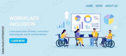 Team engagement and effective teamwork ability. People with disabilities at work meeting. Empowerment and collaboration in team presentation. Diverse colleagues discussing new project
