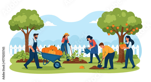 Flat Vector Community Gardening Team Illustration - People Working Together on a Farm
