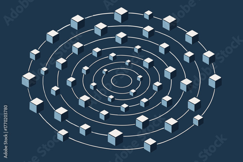 Vector geometric cube alignment orbit distributed field forming curved futuristic orbital illustration