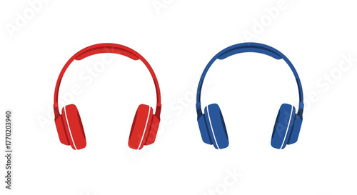 A set of modern wireless headphones in vibrant red and blue colors. Audio gadget vector illustration isolated on white background