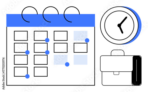 Calendar with highlighted dates, circular clock, and a briefcase symbolizing organization, planning, and deadlines. Ideal for time management, productivity, office tasks, project planning event