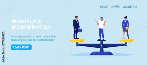 Ableism. Discrimination and social prejudice against people with disabilities. Unequal rights, difficult to integrate into team. Woman with prosthesis on unbalanced scales. Recruitment balance