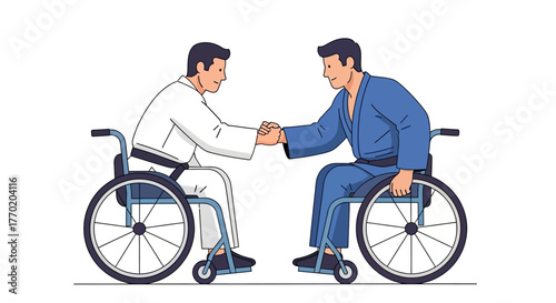 Two athletes with disabilities in wheelchairs shaking hands, representing inclusivity and sportsmanship