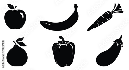 Simple black silhouettes of various fruits and vegetables displayed together