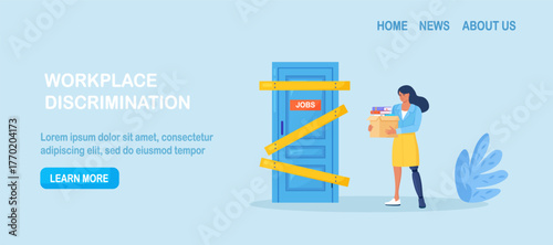 Ableism concept. Discrimination and social prejudice against people with disabilities. Jobless woman with prosthesis trying find job employers rejected of worker. Dismissal, career failure