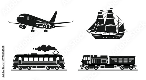 Historical and modern transportation icons including planes ships trains and locomotives