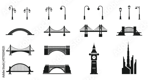 City infrastructure icons featuring bridges street lights and famous landmarks