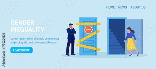 Sex discrimination and social inequality. Unequal career opportunities between men and women. Man knocking to locked and closed door. Woman entering open door and walking up stairs. Gender gap