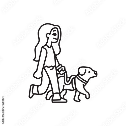 Girl with Dog on Leash Outline Vector – Walking Pet Concept Isolated on White Background