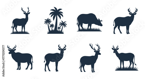 Silhouette collection featuring deer tropical plants and a water buffalo