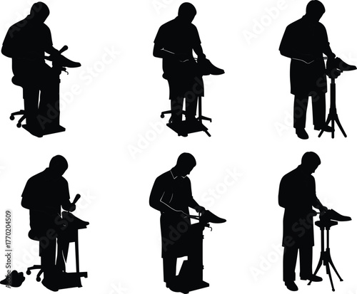 PrintShoemaker crafting leather shoe by hand, cobbler repairing footwear on stand, artisan working with tools, handmade shoe repair illustration, craftsmanship concept