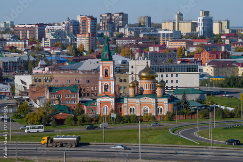 Znamensky Monastery in the urban landscape on a sunny September day. Barnaul