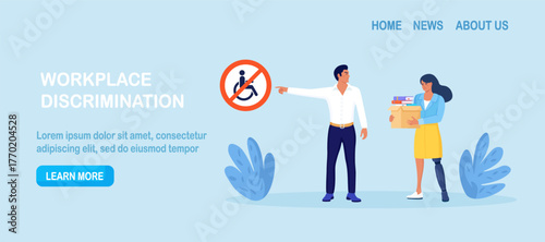 Discrimination against people with disabilities. Woman with prosthesis is fired, employer points at forbidden sign. Sad jobless person, career failure. Unemployed have problems in job seeking