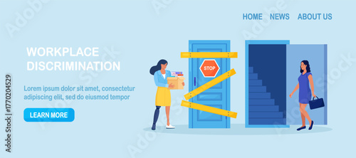 Ableism, discrimination, prejudice against hiring people with disability, unequal rights. Woman with disability cannot move up career ladder. Person with prosthesis has mobility problems