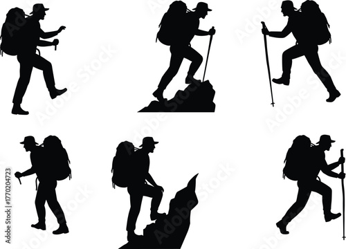 PrintSilhouette hikers climbing mountain with backpacks and trekking poles, adventure outdoor exploration, hiking lifestyle, travel nature journey illustration concept