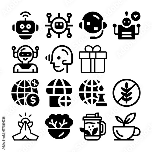 AI, Global Issues & Eco-Tech Icon Set – Artificial Intelligence, Sustainability & Green Technology Symbols