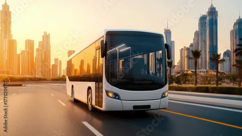 Modern City Bus Driving on Urban Road Against a Vibrant Sunrise with Skyscrapers and an Urban Landscape in the Background 4k video footage