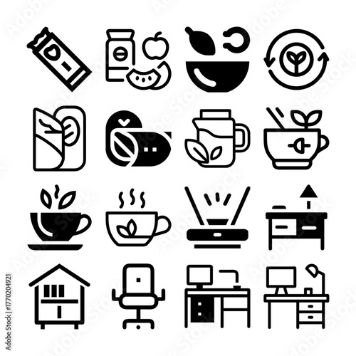 Healthy Living & Home Office Icon Set – Wellness, Productivity, Lifestyle & Remote Work Symbols