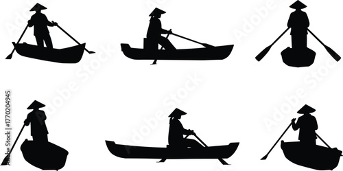PrintSilhouette of Asian fishermen paddling traditional boats, river rowing scenes, fishing lifestyle, cultural transportation, black and white vector illustration