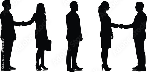 PrintSilhouette of business people shaking hands, professional men and women agreement, corporate partnership, teamwork and business communication concept illustration