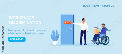 Discrimination against disabled people. Man in wheelchair is fired, employer points at door. Sad jobless person, career failure. Unemployed have problems in job seeking. Inclusion