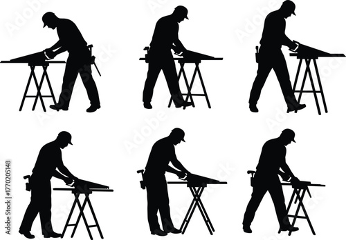 PrintSilhouette of carpenter working with tools on table, woodworking concept, manual labor, craftsmanship, construction worker, precision work, industrial occupation