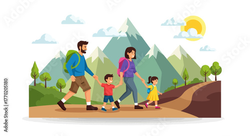 Vibrant illustration of a joyous family exploring mountain trails, embracing nature and outdoor adventure together