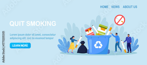 Quit smoking. Smokers quitting smoke tobacco, rejecting from unhealthy bad habit. People throw away cigarette packaging in trash can to avoid nicotine addiction