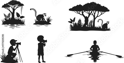 PrintSilhouette of children photographing wildlife, lemurs in jungle, rowing on river, nature exploration, tropical forest adventure, outdoor wildlife observation