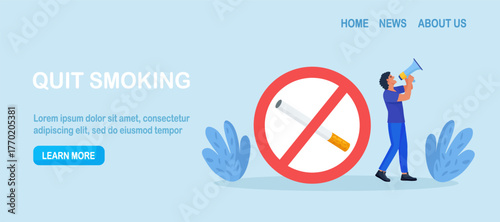 Quit smoking. World No Tobacco Day. Speaker promoting health awareness through stop nicotine addiction. Smokers quitting smoke cigarettes, refusing from tobacco, rejecting from unhealthy bad habit