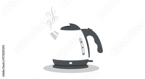 Electric kettle illustration with steam rising up, modern household appliance design