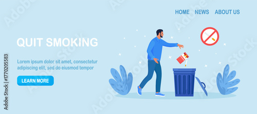 Quit smoking concept. Man throws away packaging in trash can. Stop nicotine addiction. Smokers quitting smoke cigarettes, refusing from tobacco, rejecting from unhealthy bad habit