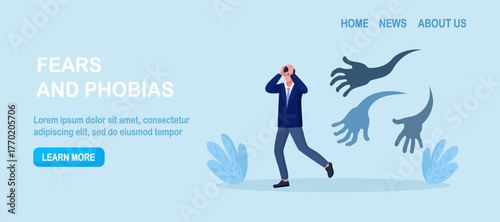 Fear attack, afraid or negative feeling. Businessman afraid from nightmare. Struggle from business failure, depression or panic attack. Frightened person running away from creepy monster