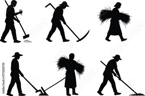PrintSilhouette of farmers working in agricultural field with tools, harvesting crops, planting seeds, traditional rural life, black vector illustration, farming concept