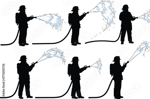 PrintSilhouette of firefighters spraying water with hose during fire emergency, fire safety illustration, water splash, rescue operation, firefighting concept