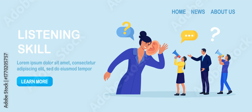 Businessman with big ear to hear people. Leader hearing voice of employees on meeting. Skill of boss to listen to advice, suggestions and opinions. Manager talking with customers, client feedback