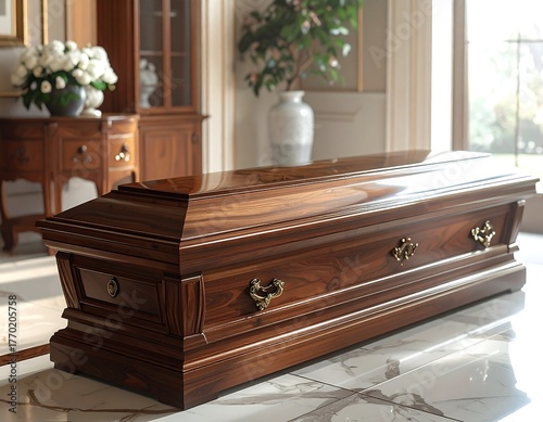 Gleaming polished wooden casket set in a well-lit ornate room