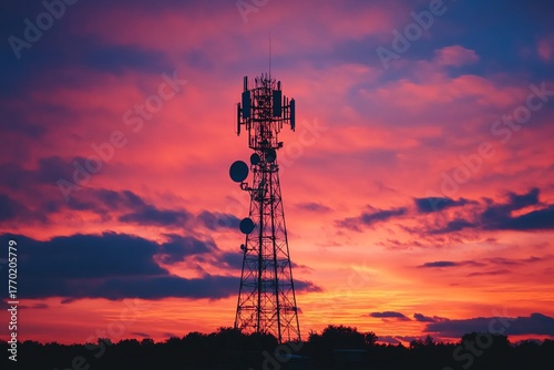 Wallpaper Mural A silhouette of a metal telecommunication tower with antennas against the vibrant sunset sky Torontodigital.ca