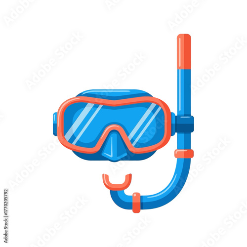 A vibrant cartoon illustration of a blue snorkeling mask and snorkel set on a white background.